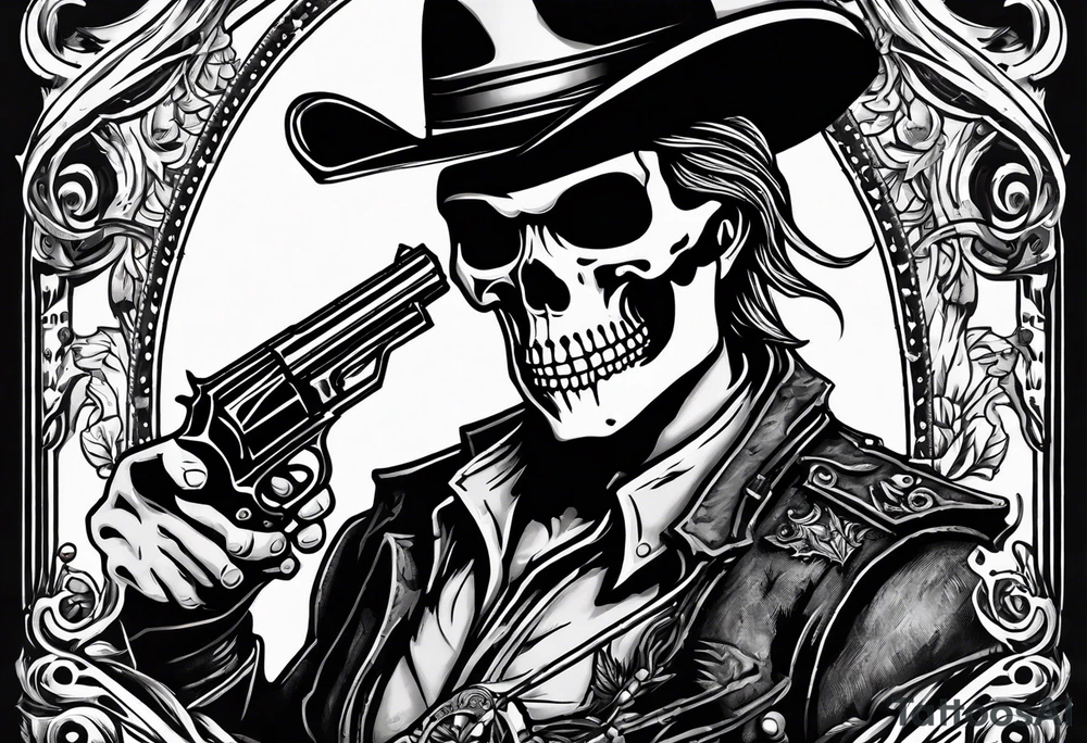 skeleton with a cowboy hat, holding a revolver, in the background there's a western hill and a man on a horseback tattoo idea