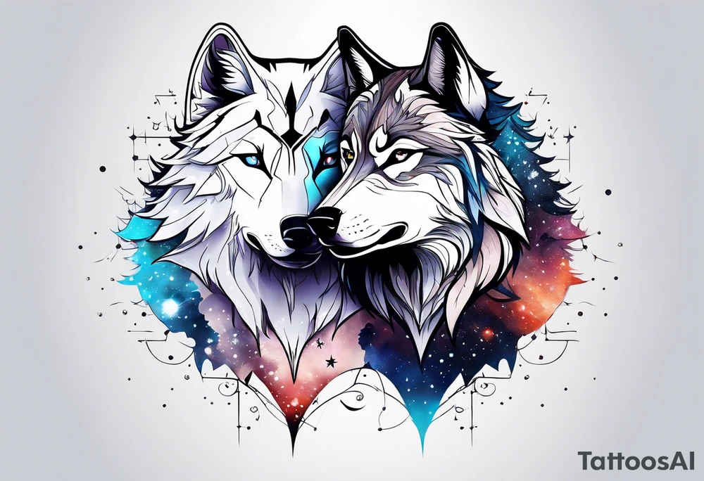 Constellation, two animal wolf, snowflake tattoo idea