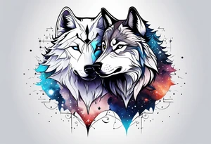 Constellation, two animal wolf, snowflake tattoo idea
