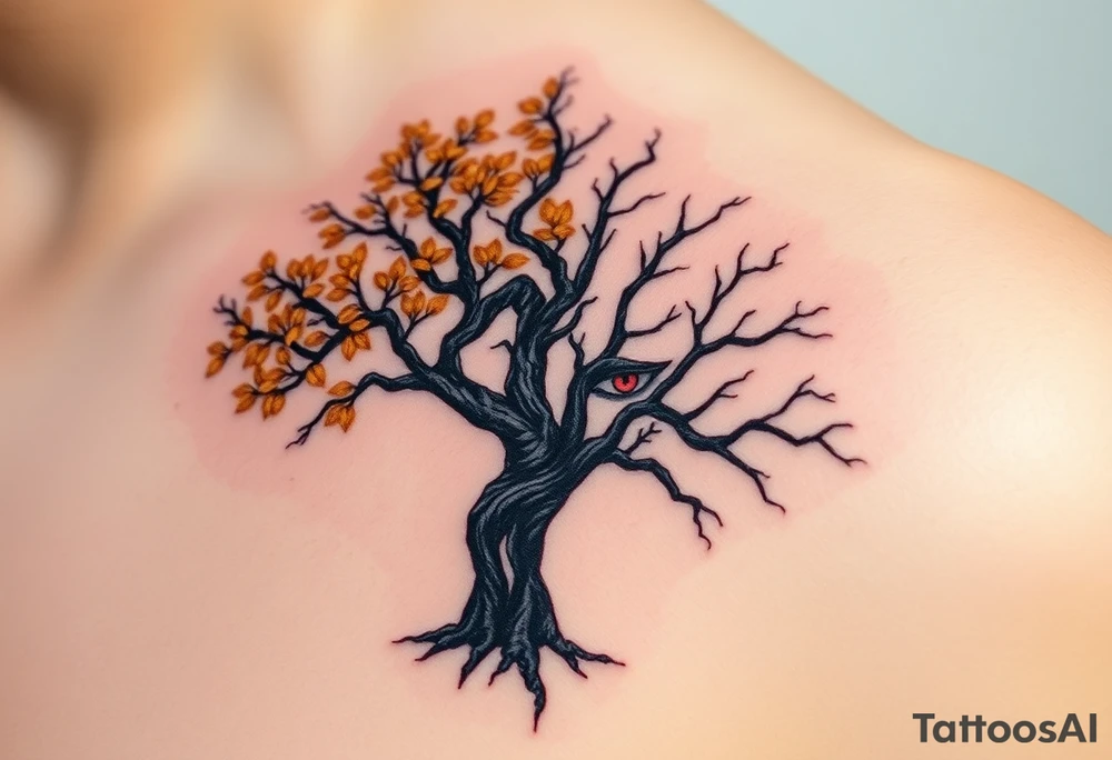 A tree of life with golden leaves, flourishing on one side, symbolizing growth and harmony, juxtaposed against a barren black tree with twisted branches and deep red eyes peering through the shadows, signifying decay and destruction tattoo idea