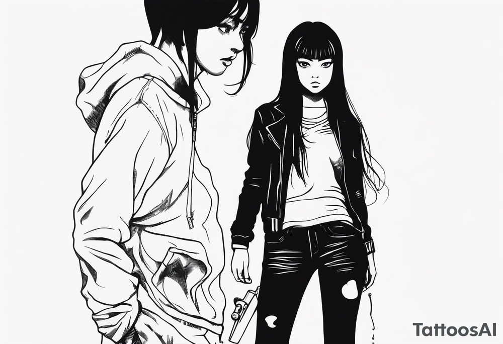 portrait of tomie standing up a character by the horror manga author junji ito full body standing murderously. add more horror and gore elements tattoo idea