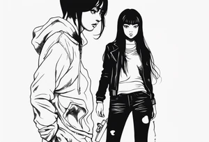 portrait of tomie standing up a character by the horror manga author junji ito full body standing murderously. add more horror and gore elements tattoo idea