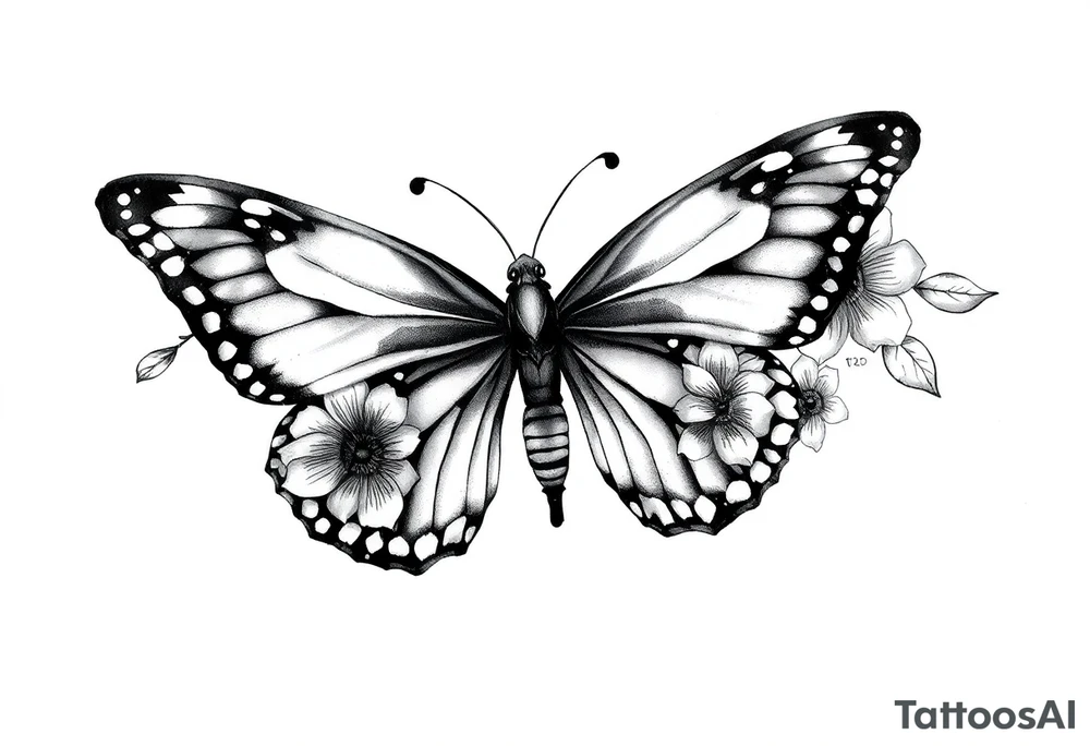 blackink work and shading butterfly with flowers tattoo idea