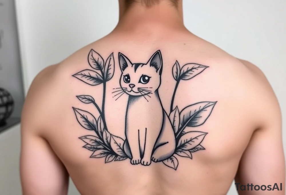 Minimalist cartoon style tattoo of a nebulung cat surrounded but house plants with huge leaves tattoo idea