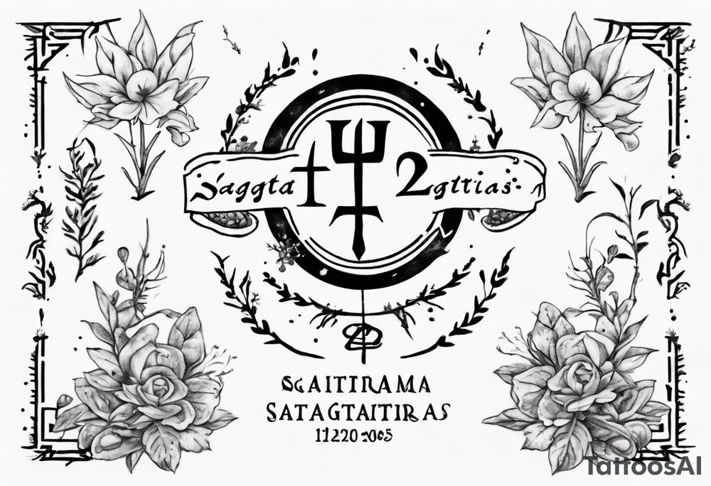 a forearm tattoo with little plants around the word sagittarius and underneath it the date 12.08.05 tattoo idea