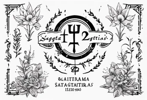 a forearm tattoo with little plants around the word sagittarius and underneath it the date 12.08.05 tattoo idea