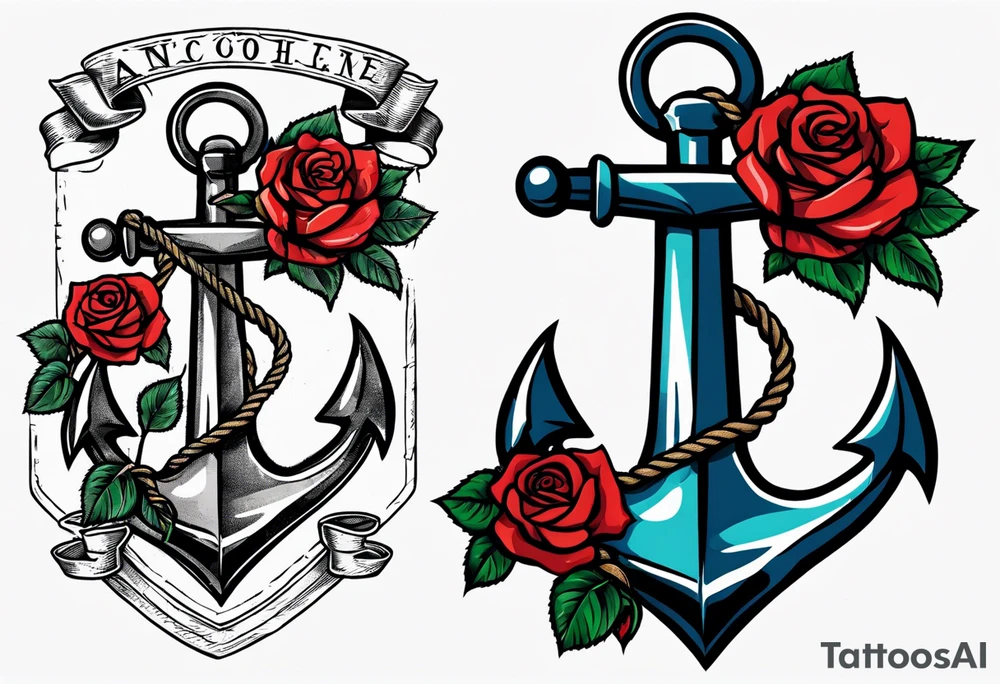 old school anchor with rope wrapped around anchor and banner across anchor and old school roses tattoo idea