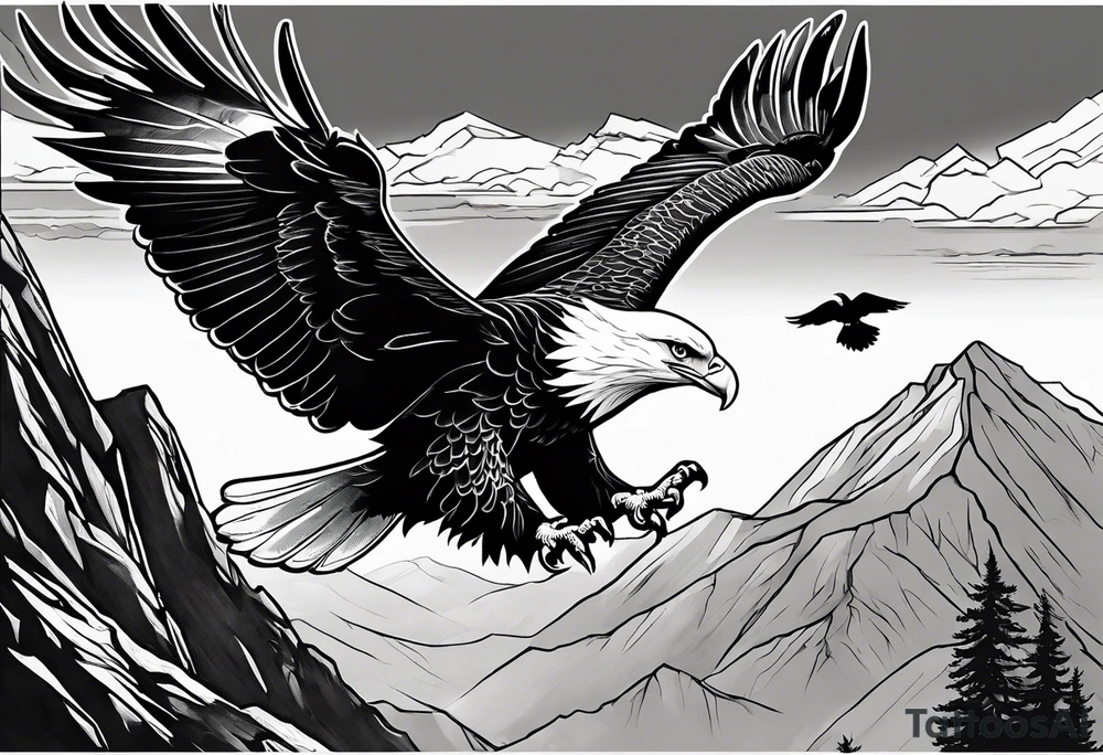 Eagle flying over a mountain with a Dove sitting on a branch in the background tattoo idea