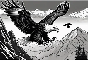 Eagle flying over a mountain with a Dove sitting on a branch in the background tattoo idea
