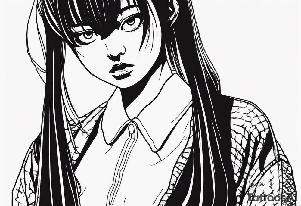 portrait of tomie standing up a character by the horror manga author junji ito full body standing murderously. add more horror and gore elements tattoo idea