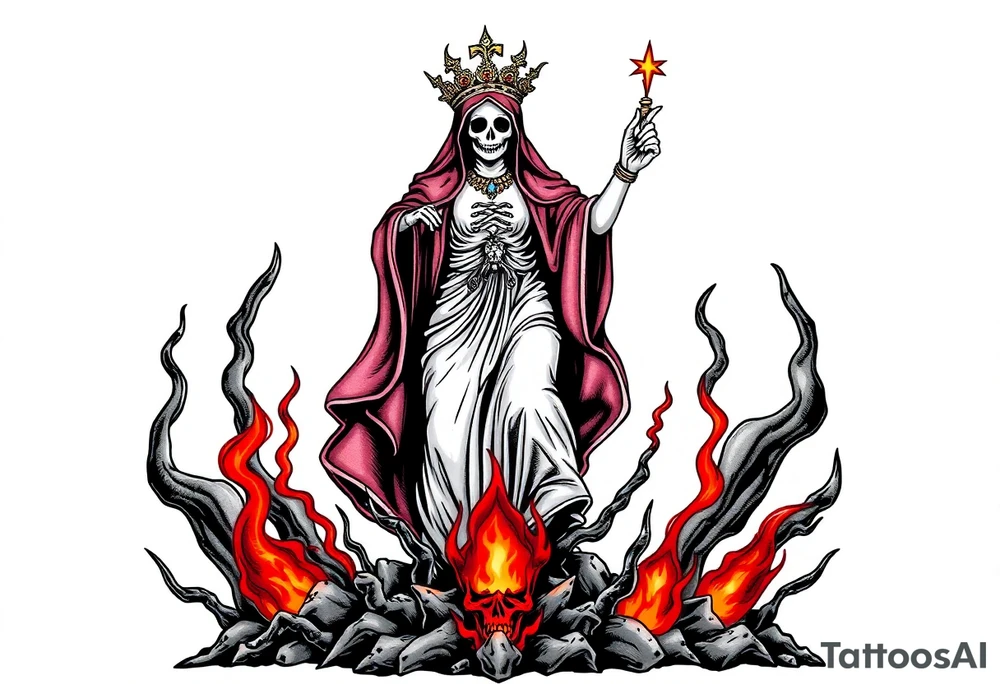 Magnificent Santa muerte rising out of the ashes of hell to claim a soul tattoo idea