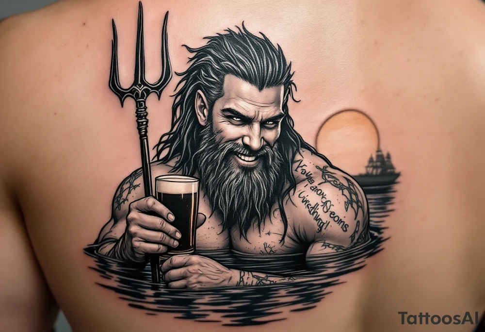 young, smiling, fit poseidon in calm water, holding a trident, drinking a beer, with sunset tattoo idea