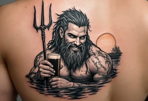 young, smiling, fit poseidon in calm water, holding a trident, drinking a beer, with sunset tattoo idea