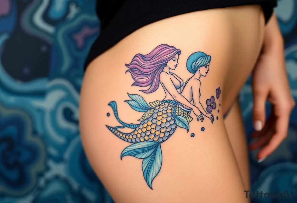 Mermaid, water, feminine, from hip to ankle on the side. Use blues,aquas, purple,pinks, yellow tattoo idea