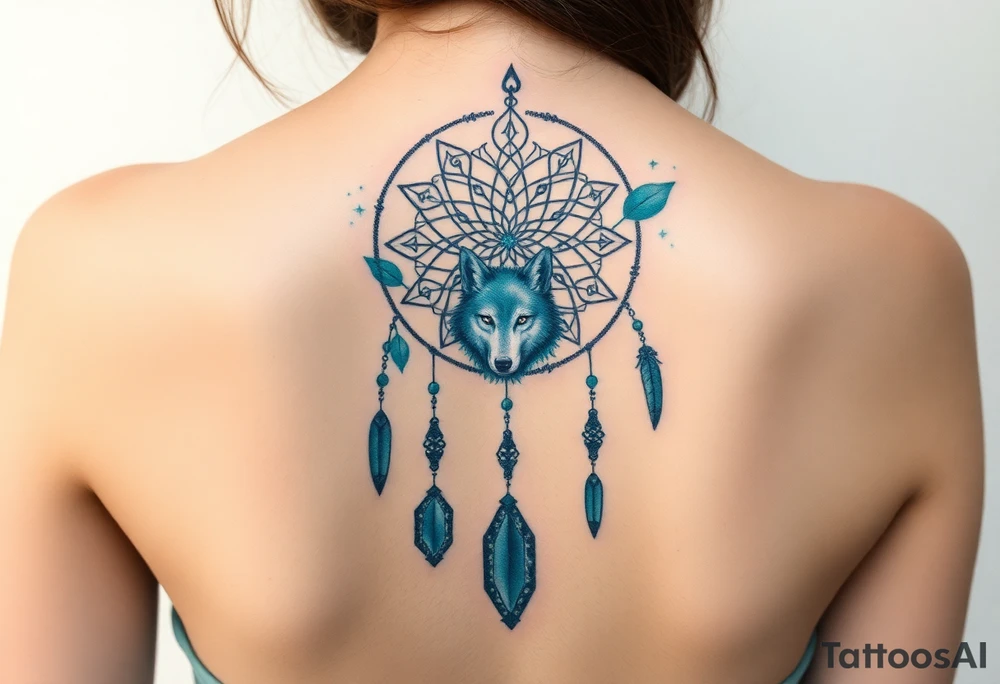 Dreamcatcher with zodiac symbols and protection runes caught in it with wolf teal tattoo idea