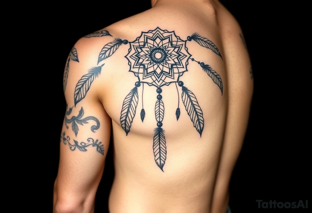 native dreamcatcher with flowing feathers and sacred beads tattoo idea
