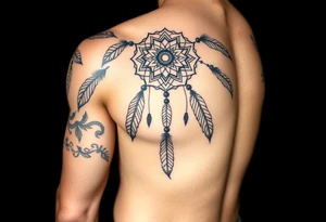 native dreamcatcher with flowing feathers and sacred beads tattoo idea