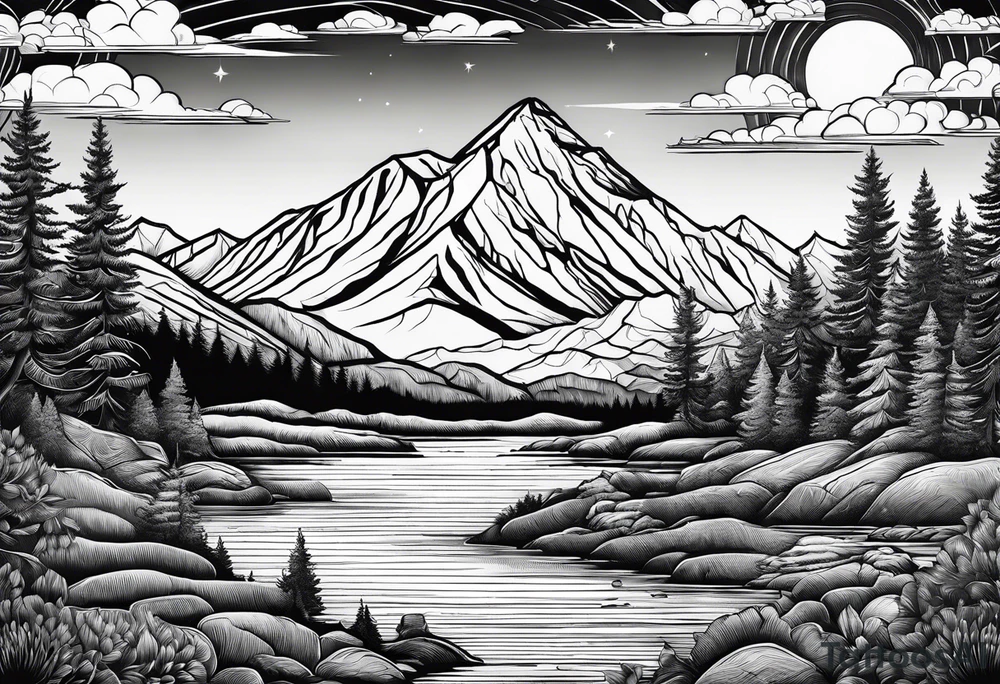 mountains, road, lake, yurt, sun tattoo idea
