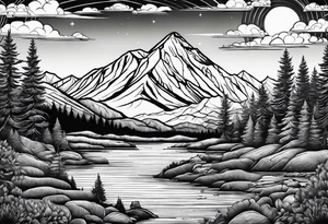 mountains, road, lake, yurt, sun tattoo idea