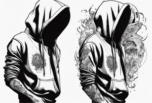 The full side view of a person in a hoodie, looking down. tattoo idea