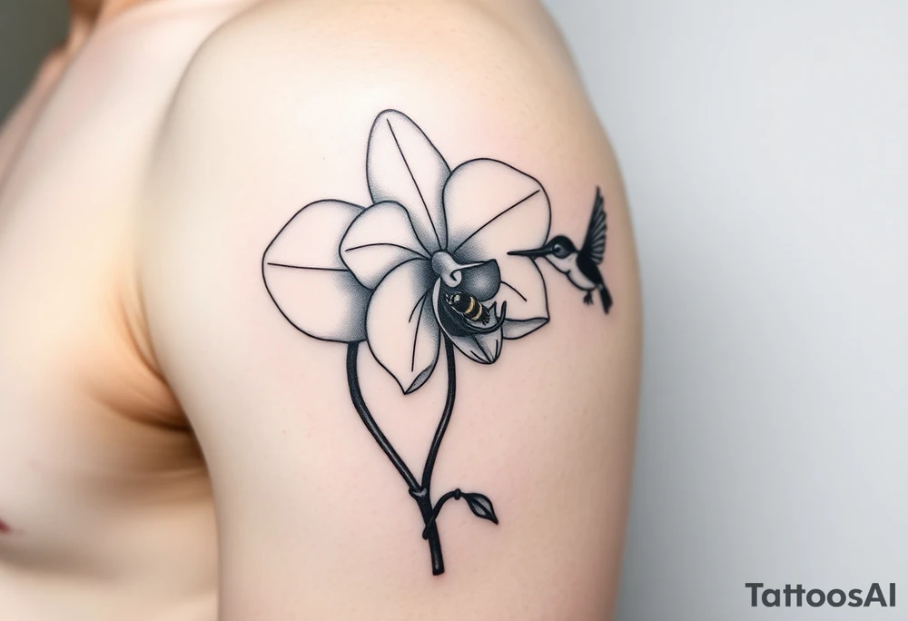 A delicate, black and white fine-line tattoo for male, featuring gracefully detailed 2 orchids in full bloom including their stems, with soft, intricate petals and elegant curves. Beside it, a hummingbird hovers mid-flight, its wings drawn with subtle motion lines, its slender beak reaching toward the orchid’s center to drink its nectar. on the other flower there is a bee that is resting tattoo idea
