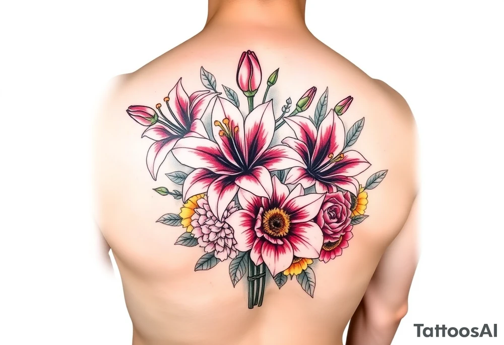 Arm sleeve 6 fully bloomed, stargazer lilies with 2 budded lilys pink red and yellow roses hydrangea and sunflowers filling area around lilys bright and colorful tattoo idea