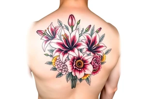 Arm sleeve 6 fully bloomed, stargazer lilies with 2 budded lilys pink red and yellow roses hydrangea and sunflowers filling area around lilys bright and colorful tattoo idea