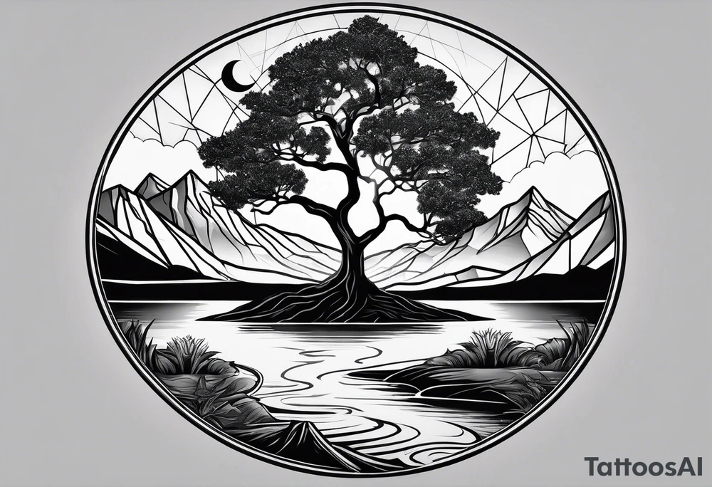 Oak tree by a flowing river with mountains and the sun and crescent moon in the background all inside of a geometric triangle. Some of the image will utilize negative space tattoo idea