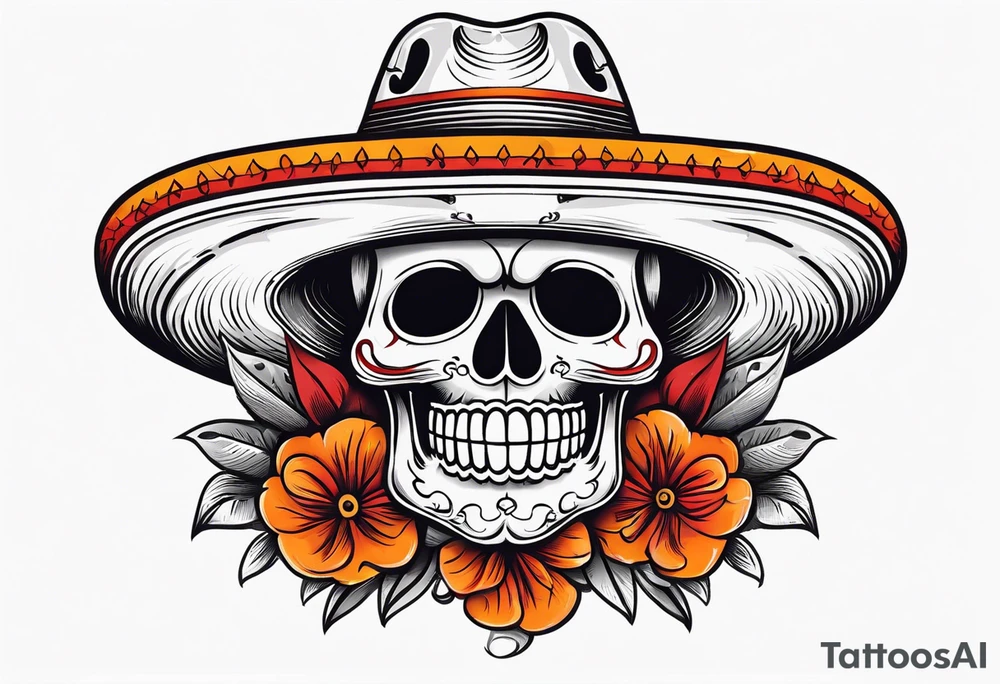 Mexican skull with sombrero with smoke coming out of the bottom orange and red tattoo idea