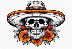 Mexican skull with sombrero with smoke coming out of the bottom orange and red tattoo idea