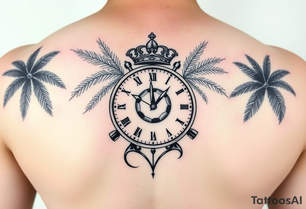 Hazme un tatuaje en el antebrazo que tenga un fondo de playa con palmeras le siga un reloj rompiéndose con un balón de fútbol con relieve con una corona y que encima del tatuaje ponga el tiempo De Dios es perfecto con una fuente en cursiva y negrita tattoo idea