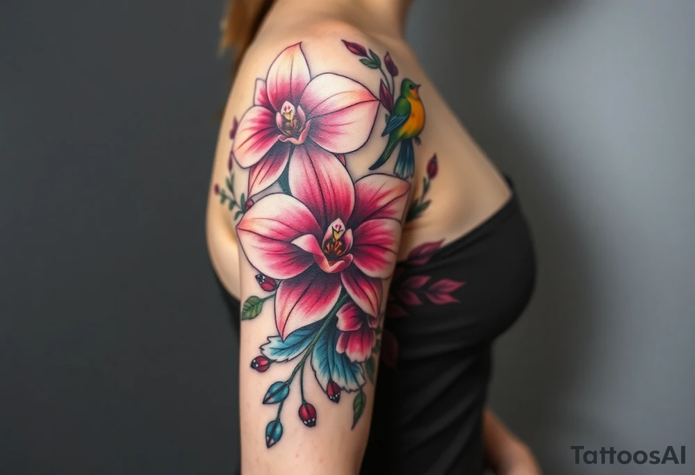 orchid flower ,  Coi fish and colorful birds tattoo idea