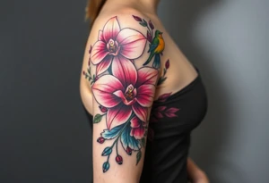 orchid flower ,  Coi fish and colorful birds tattoo idea