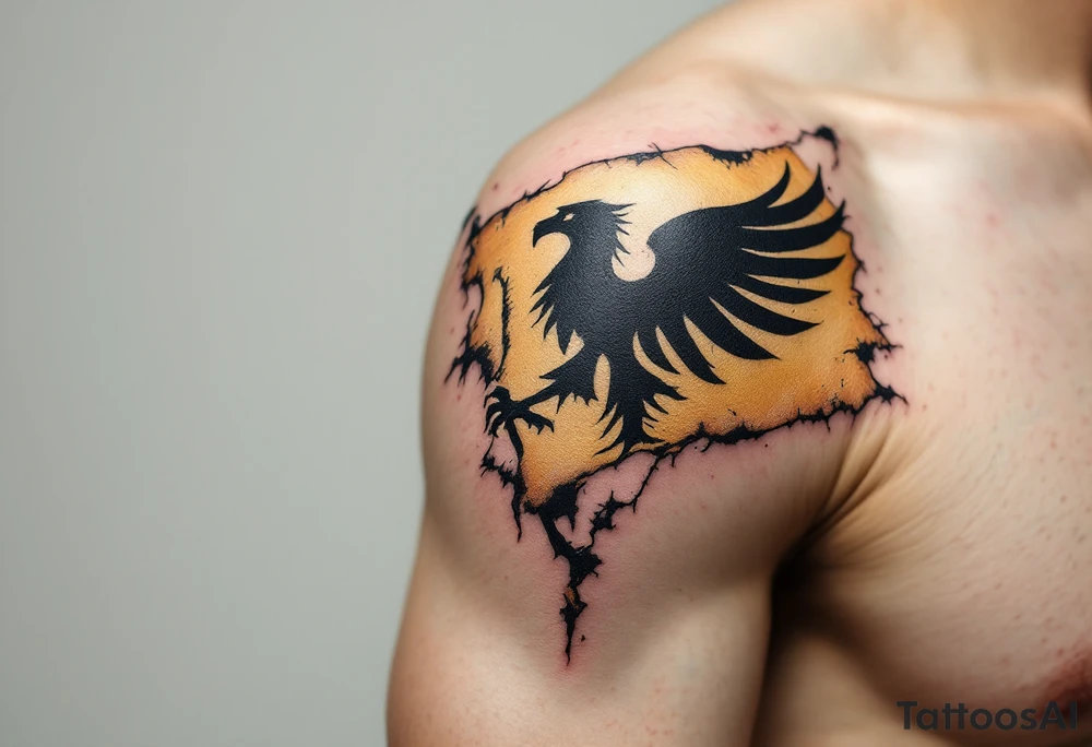 A hand-painted, medieval-style banner with a black Silesian eagle on a golden background, looking like a knight's flag waving in the wind. The edges are torn and aged, giving it a battle-worn effect. tattoo idea