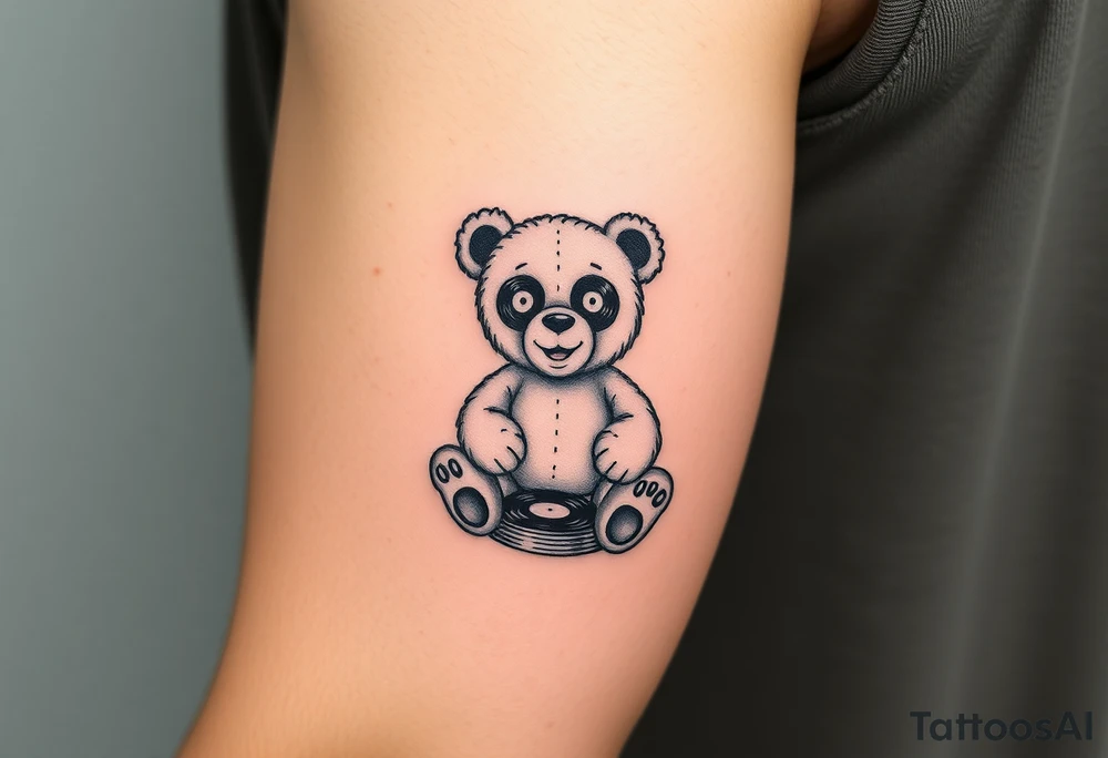 minimalist teddy bear with vinyl records as eyes smiling and sitting on a record tattoo idea