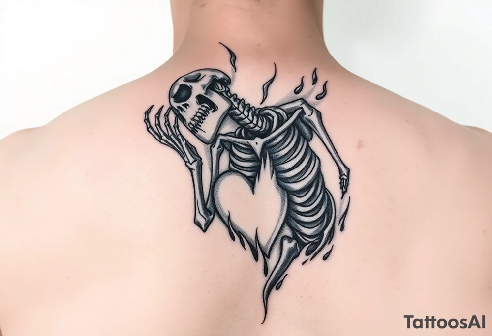 Skeleton in agony, heart broken, on fire tattoo idea