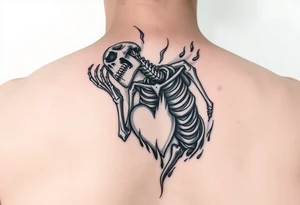 Skeleton in agony, heart broken, on fire tattoo idea