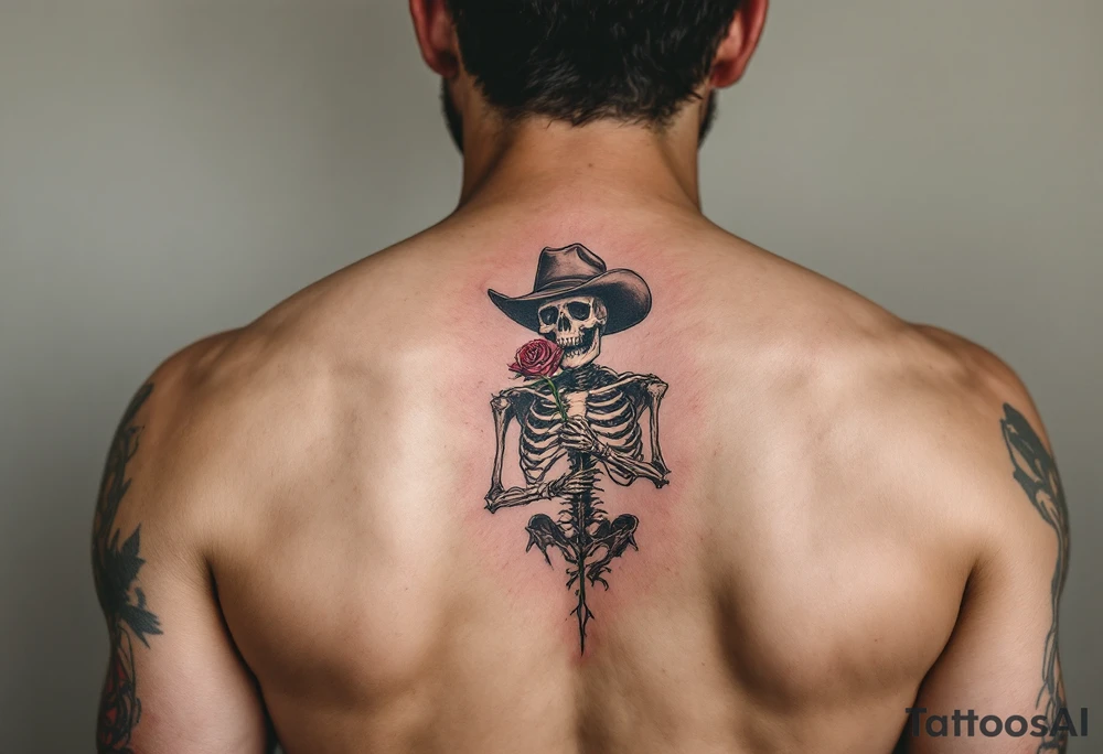 a full body skeleton cowboy with a rose in his mouth. tattoo idea