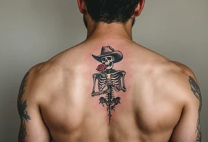 a full body skeleton cowboy with a rose in his mouth. tattoo idea