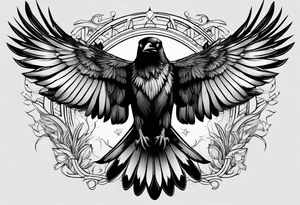 crow with open wings, only line drawing, symmetrical, without background, tattoo idea