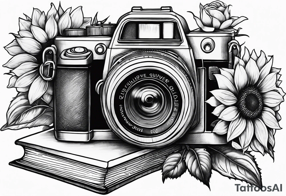sunflower, camera, flower rose , book tattoo idea