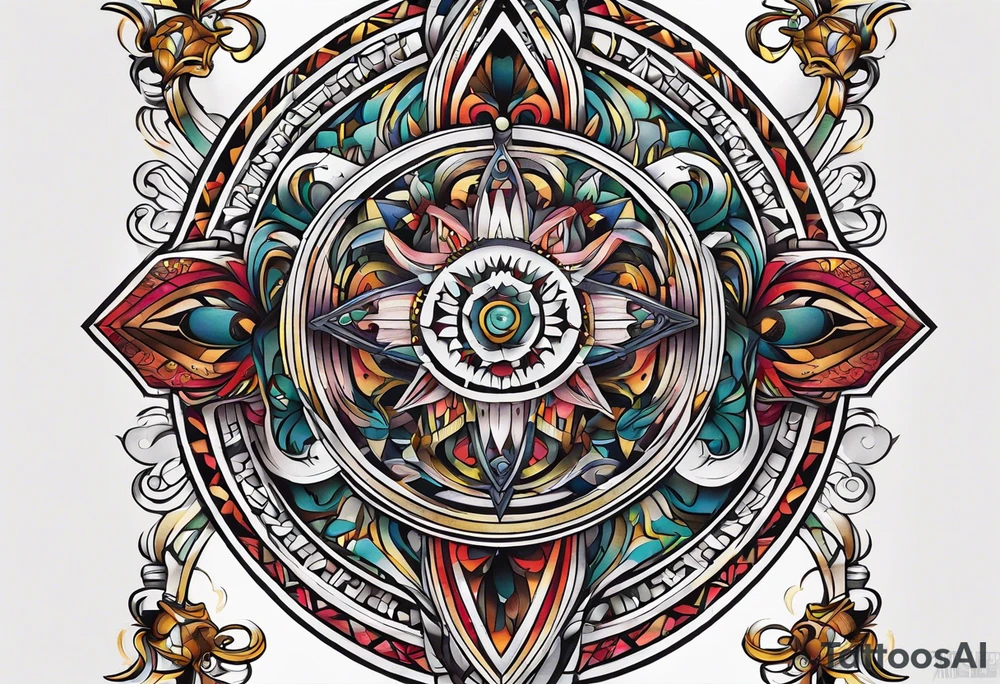 Bold geometric tapestry trident in colour on arm tattoo idea