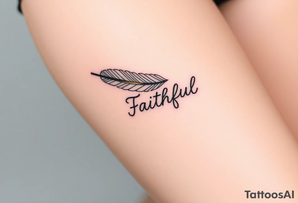 A feather with a fine-line geometric design in black and gold, featuring the word "Faithful", signifying devotion and trust tattoo idea