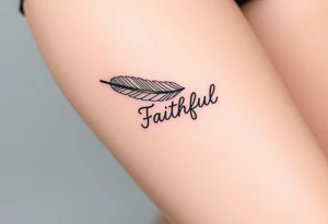 A feather with a fine-line geometric design in black and gold, featuring the word "Faithful", signifying devotion and trust tattoo idea