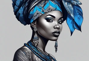 mulher iemanjá africana em preto e cinza com conchas marinhas, fundo da imagem com tons de azul tattoo idea