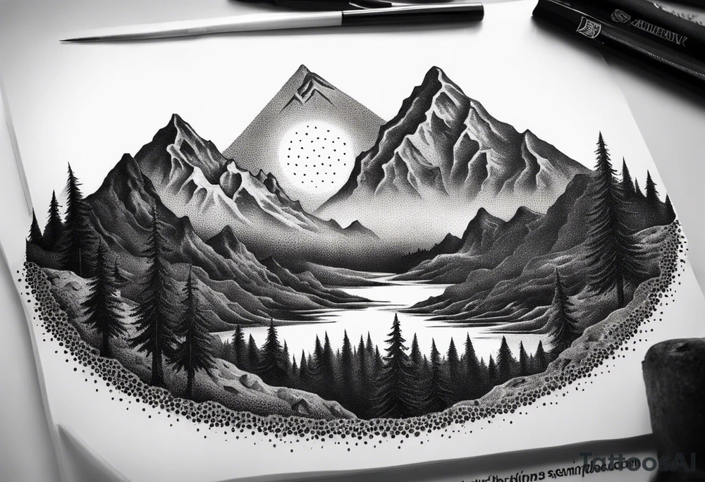 death metal mountain scene tattoo idea