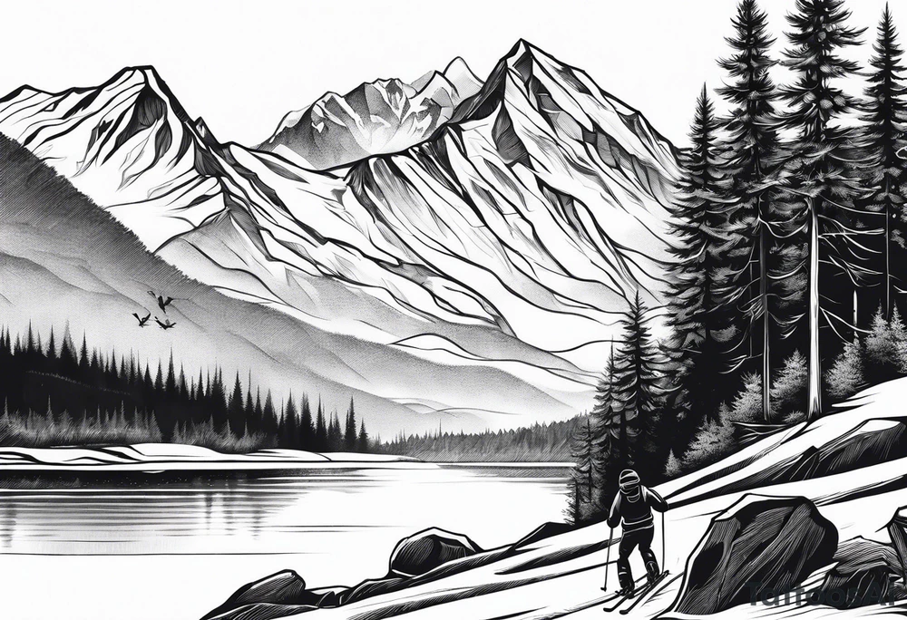 snow skier in distance with trees and mountains and lake at bottom tattoo idea