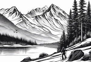 snow skier in distance with trees and mountains and lake at bottom tattoo idea