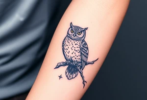 wise owl perched on ancient oak branch under starlit sky tattoo idea