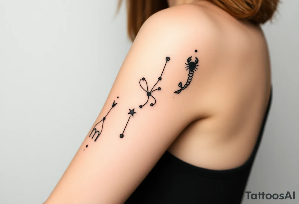 constellation tattoo with libra, cancer, Taurus, 2 scorpio and capricorn all in the universe stars only tattoo idea